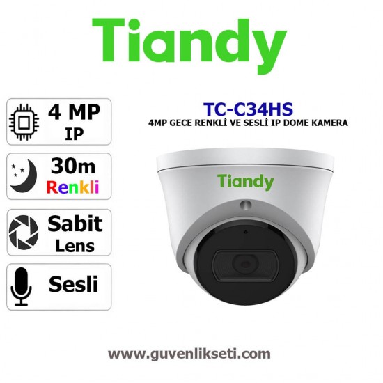 Tiandy TC-C34HS 4 MP SESLİ Starlight IP Dome Kamera Tiandy TC-C34HS 4mp starlight ip dome kamera sesli güvenlik sistemi